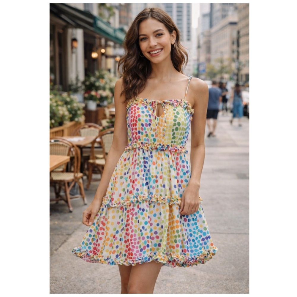 All Things Mochi Blessica Rainbow Polka Dot Tiered Silk Mini Dress M